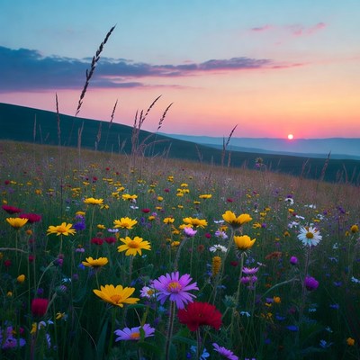 Colorful Wildflower Field at Sunset