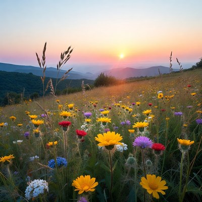 Sunset over wildflower mountain meadow