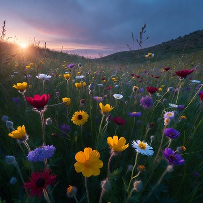 Colorful Wildflower Field at Sunset
