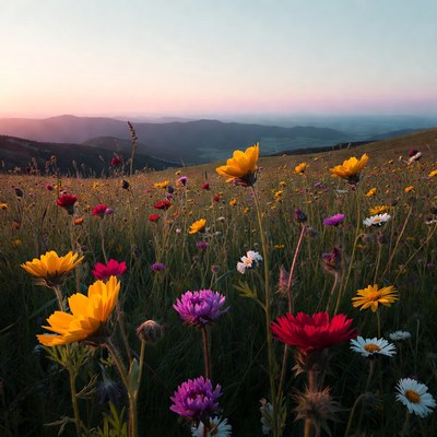 Colorful wildflower field at sunset