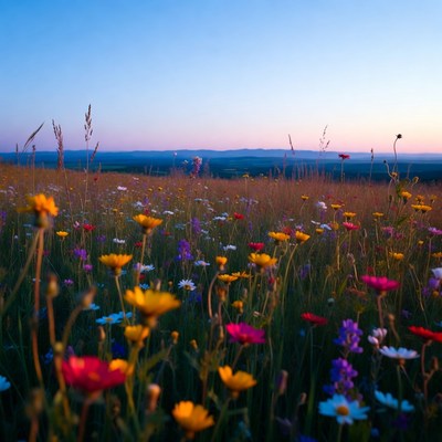 Colorful wildflower field at sunset