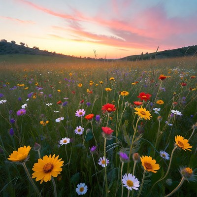 Colorful Wildflower Field at Sunset