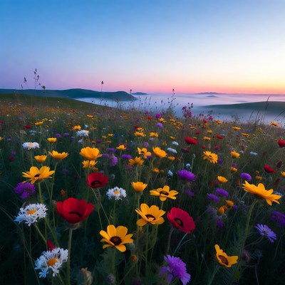 Colorful Wildflowers in Foggy Sunset Hills