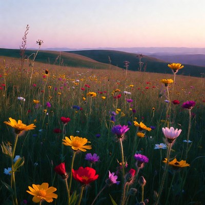 Colorful Wildflower Field at Sunset
