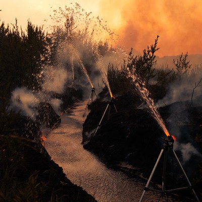 Firefighters spraying water on forest wildfire