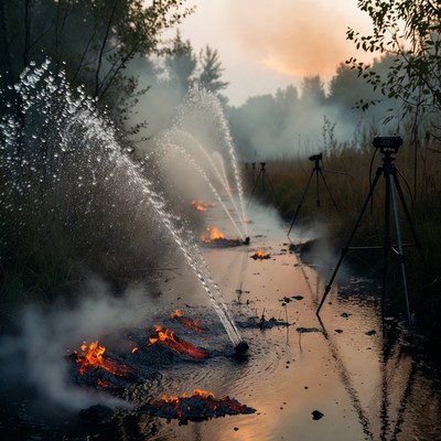 Fiery Lava Flows with Water Sprays in Marsh