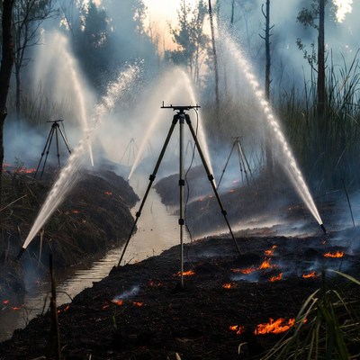 Forest Fire Sprinklers Extinguishing Flames