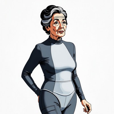 Elderly woman in black gray bodysuit