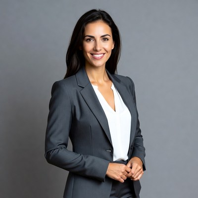 Smiling woman in gray business suit