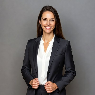 Smiling woman in black business suit