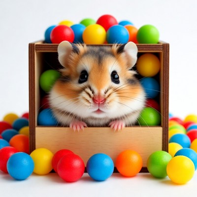 Hamster in wooden box with colorful balls