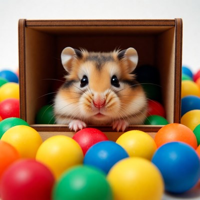 Hamster in cardboard box with colorful balls