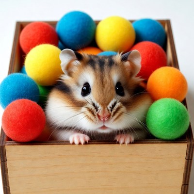 Hamster surrounded by colorful balls
