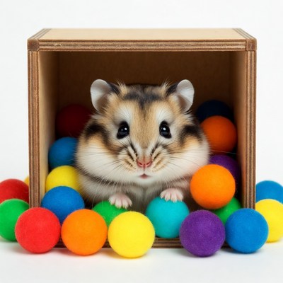 Hamster in wooden box with colorful balls