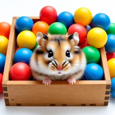 Hamster surrounded by colorful balls