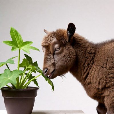 Brown goat sniffing houseplant