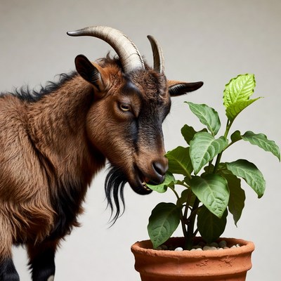 Goat eating plant in pot