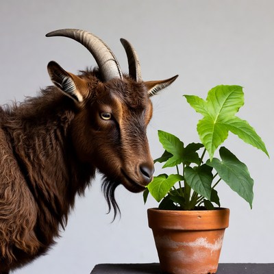 Brown goat sniffing houseplant