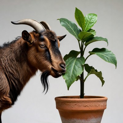 Goat eating houseplant in pot