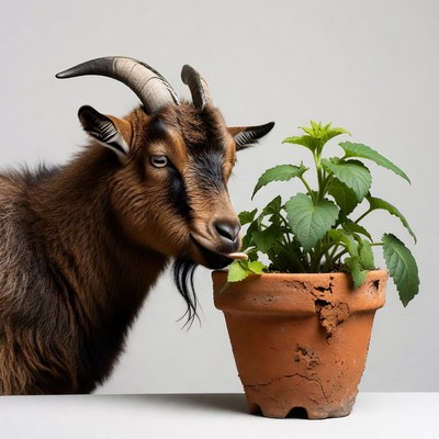 Goat eating plant from terracotta pot