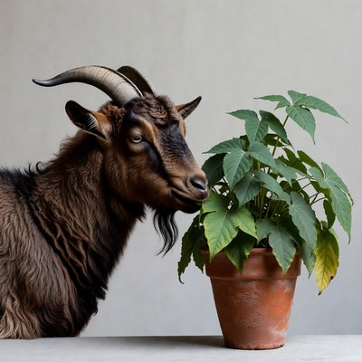 Goat sniffing potted plant
