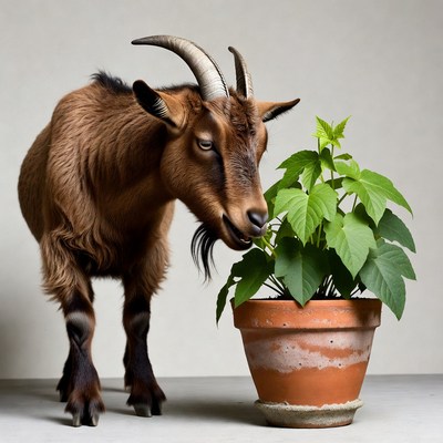 Goat eating potted plant