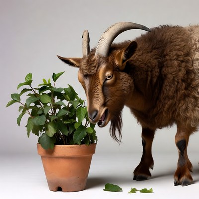 Goat eating plant from terracotta pot
