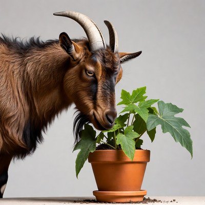 Brown goat eating houseplant