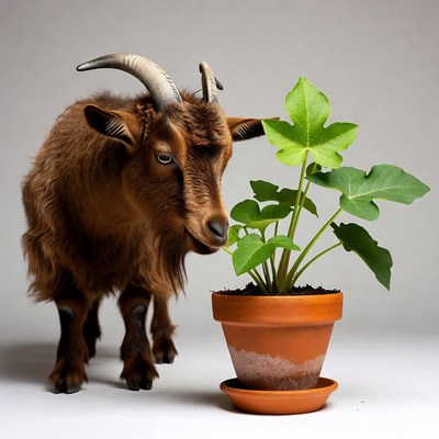 Goat sniffing potted plant