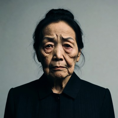 Elderly Asian woman in black suit