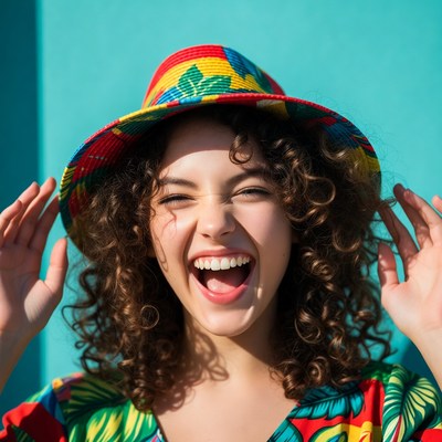 Woman laughing in colorful hat