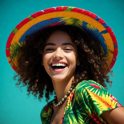 Smiling woman in colorful tropical hat