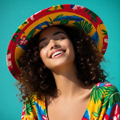 Smiling woman in colorful straw hat