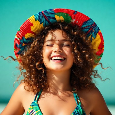 Girl smiling in colorful hat and bikini