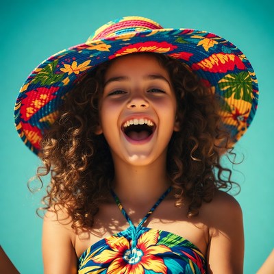 Girl smiling in colorful straw hat