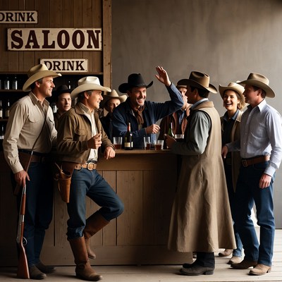 Cowboys drinking at saloon bar