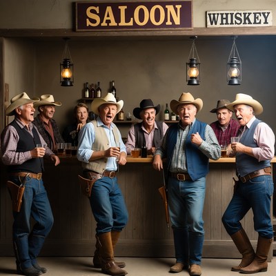 Group of Cowboys at Saloon Bar
