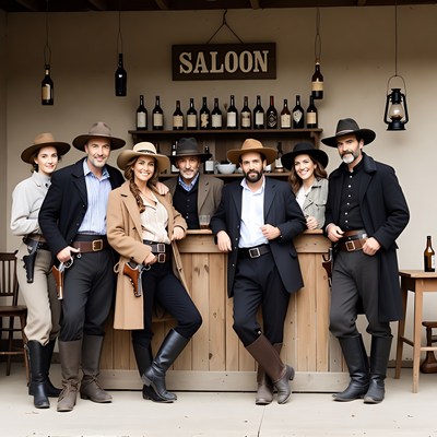 Group in cowboy hats at saloon bar