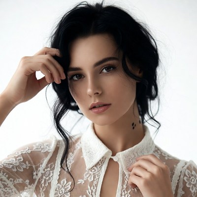 Woman touching face in lace blouse