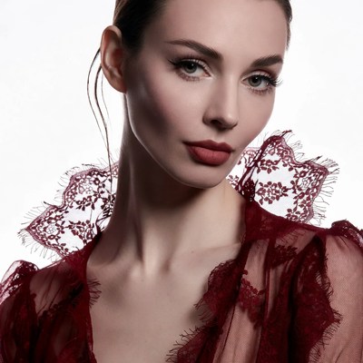 Woman in red lace dress