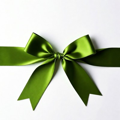 Green satin bow on white background