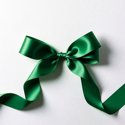 Green satin bow on white background