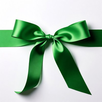 Green satin bow on white background