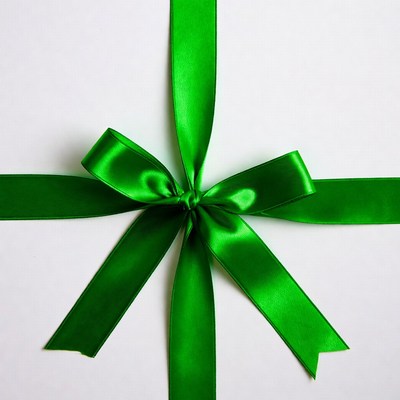 Green satin bow on white background