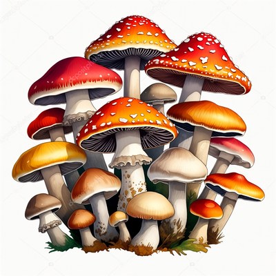 Cluster of Colorful Fly Agaric Mushrooms