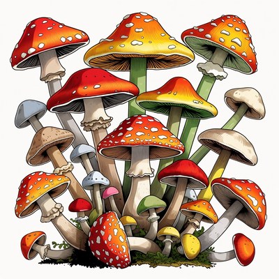 Colorful Mushrooms Illustration Cluster