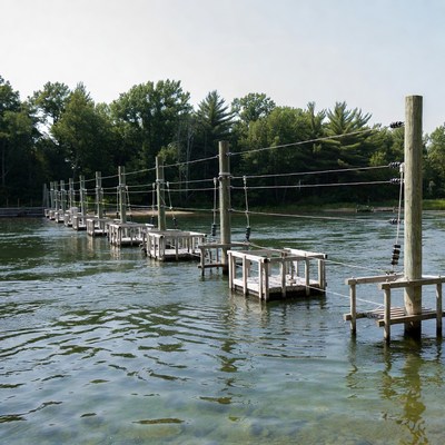Wooden rope bridge over lake