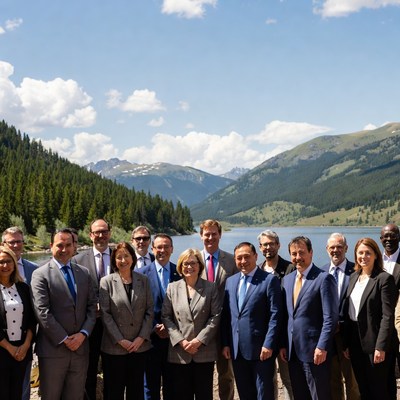 Group of business professionals by mountain lake