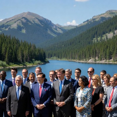Group of professionals posing by mountain lake