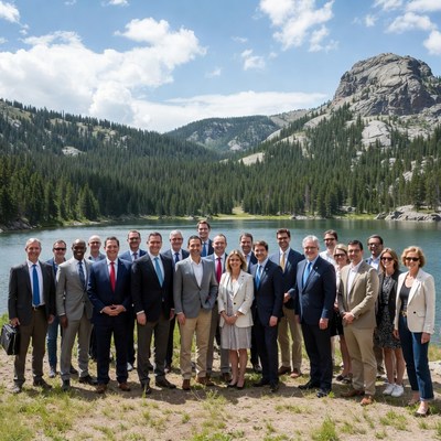 Business group posing by mountain lake
